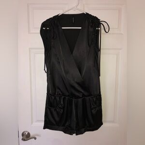 Double Zero Women’s Junior’s Retro One Piece Sexy Black Shiny Sleeveless Romper